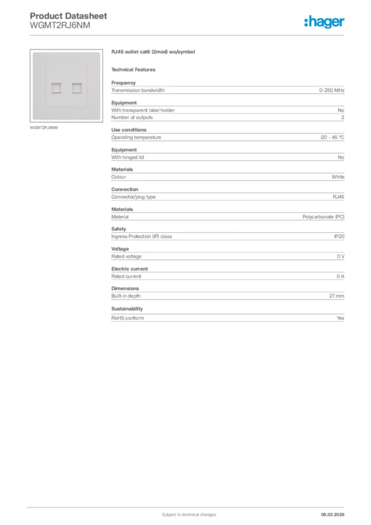 Image Hager Product data sheet WGMT2RJ6NM  | Hager