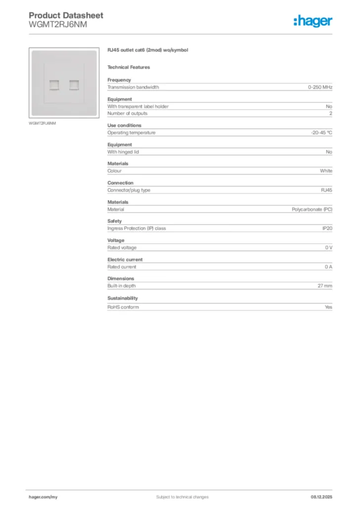 Image Hager Product data sheet WGMT2RJ6NM  | Hager