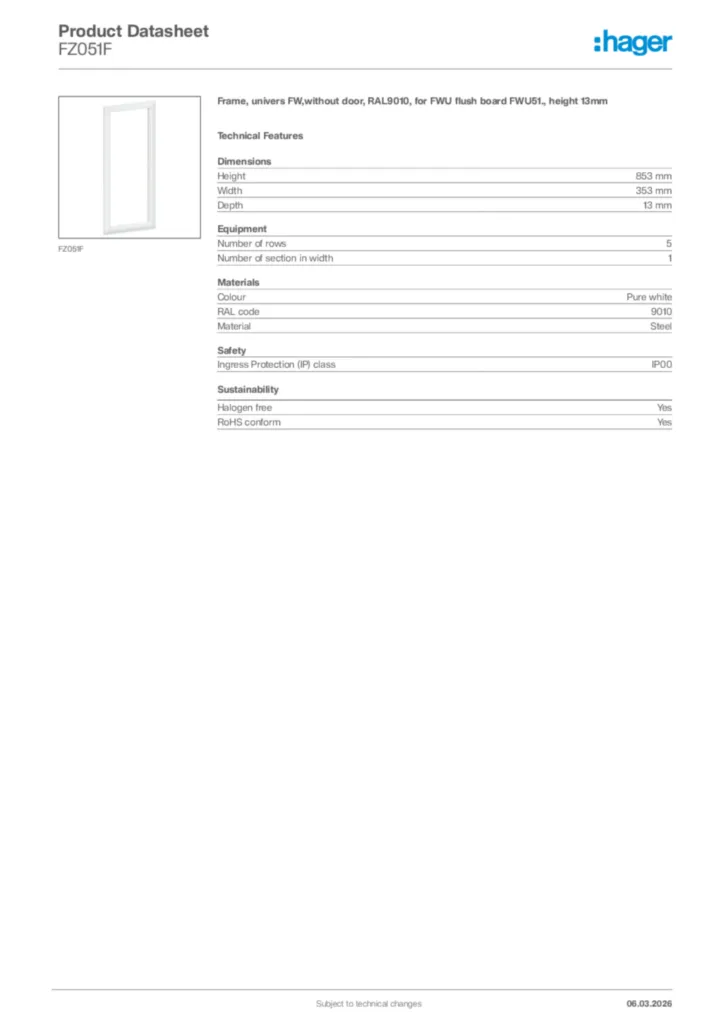 Image Hager Product data sheet FZ051F  | Hager Africa