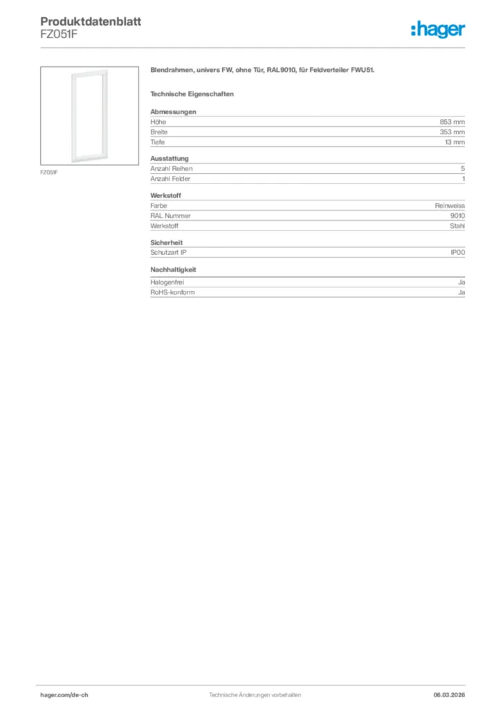 Bild Hager Produktdatenblatt FZ051F | Hager Schweiz