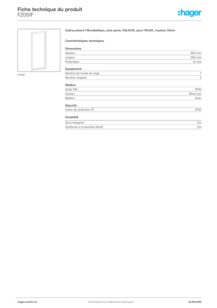 Image Hager Fiche technique du produit FZ051F | Hager Suisse