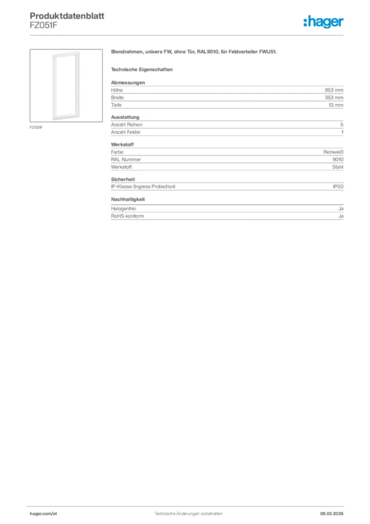 Bild Hager Produktdatenblatt FZ051F | Hager Deutschland