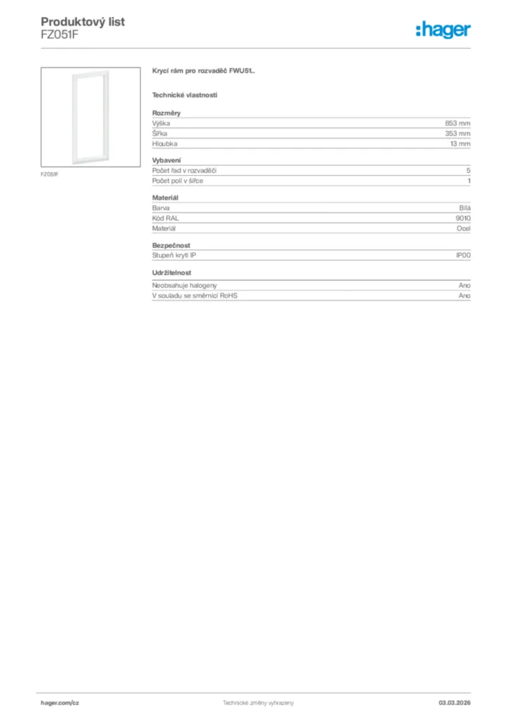 Obrázek Hager Product data sheet FZ051F | Hager