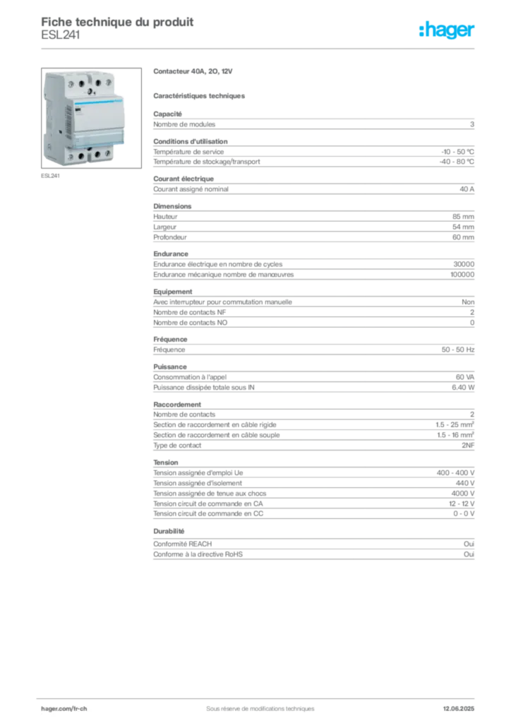 Image Hager Fiche technique du produit ESL241 | Hager Suisse