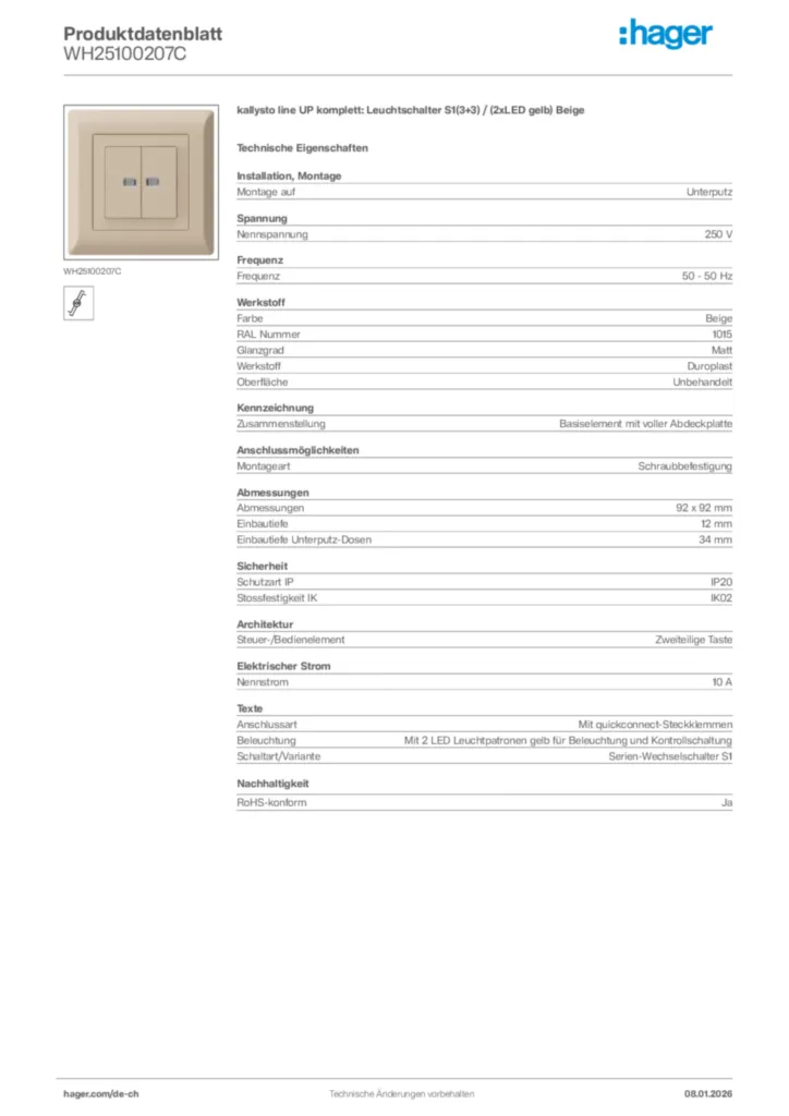Bild Hager Produktdatenblatt WH25100207C | Hager Schweiz