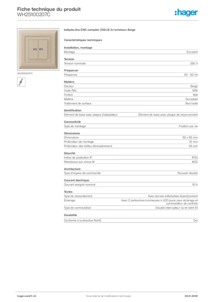 Image Hager Fiche technique du produit WH25100207C | Hager Suisse