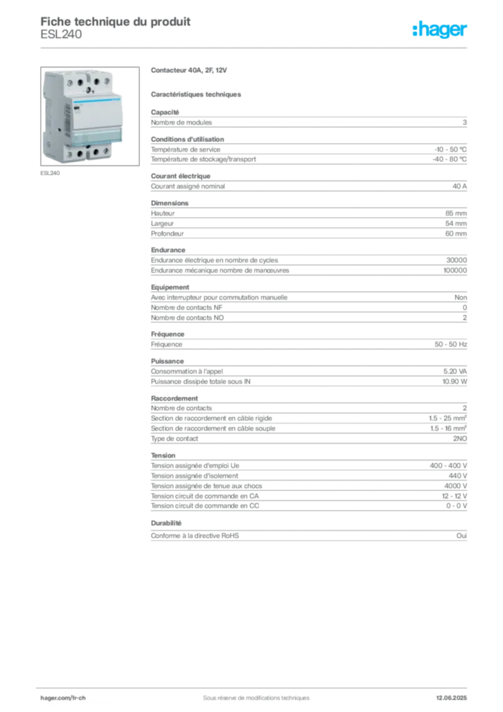Image Hager Fiche technique du produit ESL240 | Hager Suisse
