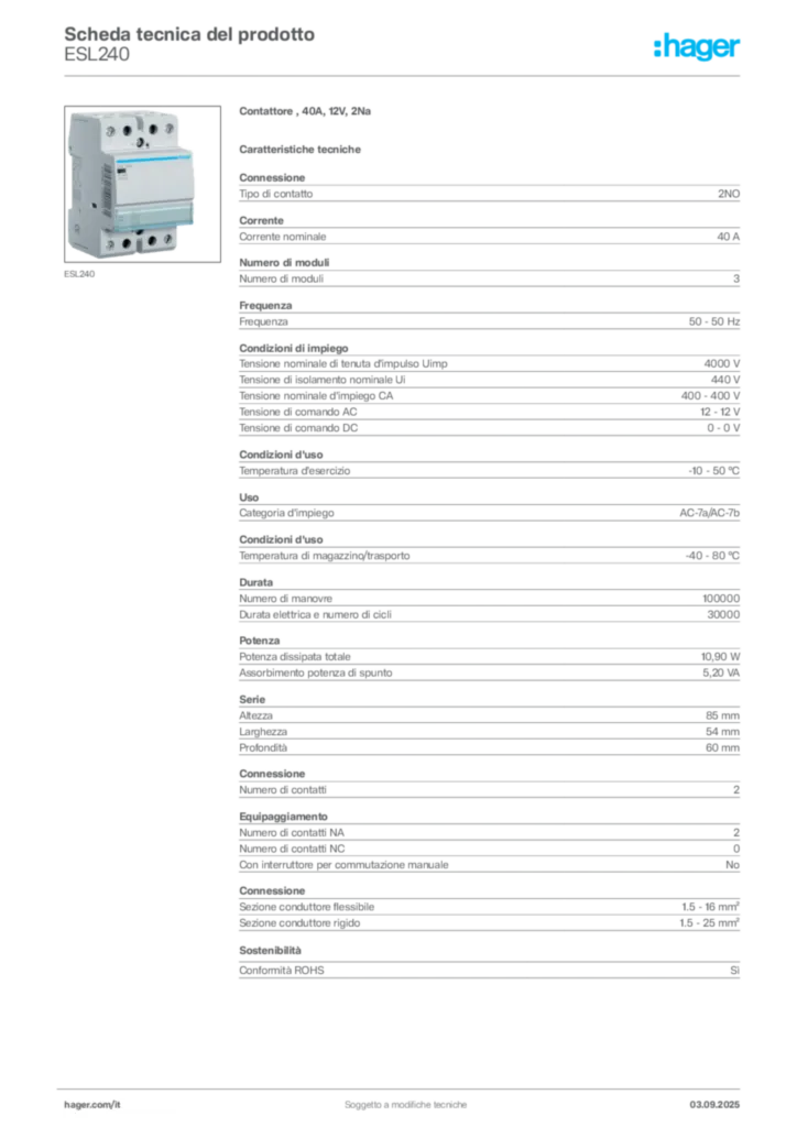Immagine Hager Scheda tecnica del prodotto ESL240 | Hager Italia