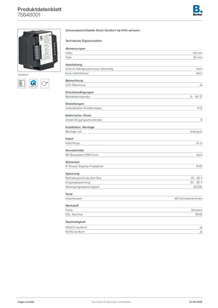 Bild Berker Produktdatenblatt 75648001 | Hager Deutschland
