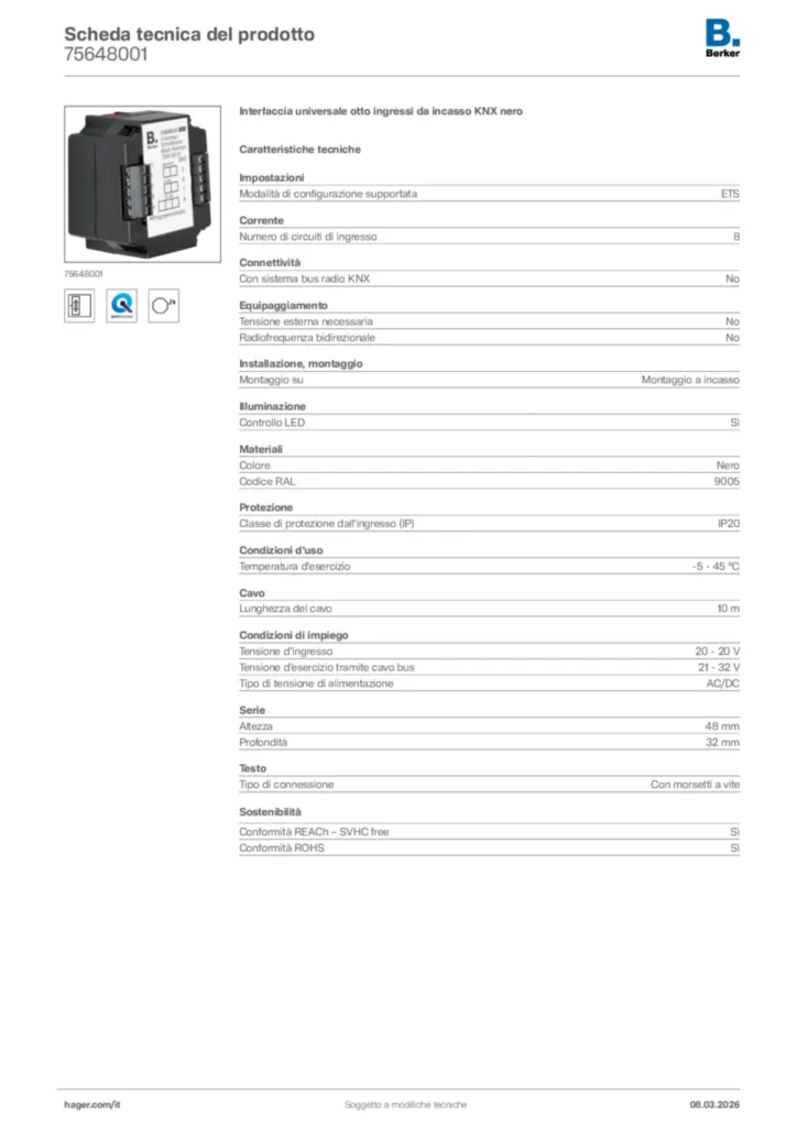 Immagine Berker Scheda tecnica del prodotto 75648001 | Hager Italia