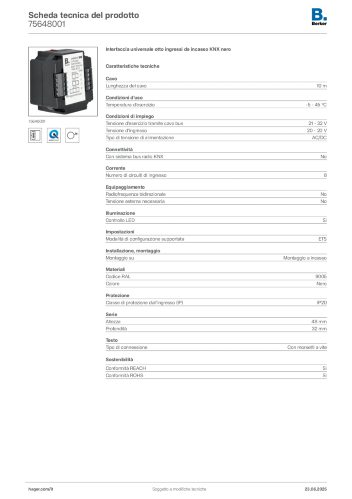 Immagine Berker Scheda tecnica del prodotto 75648001 | Hager Italia