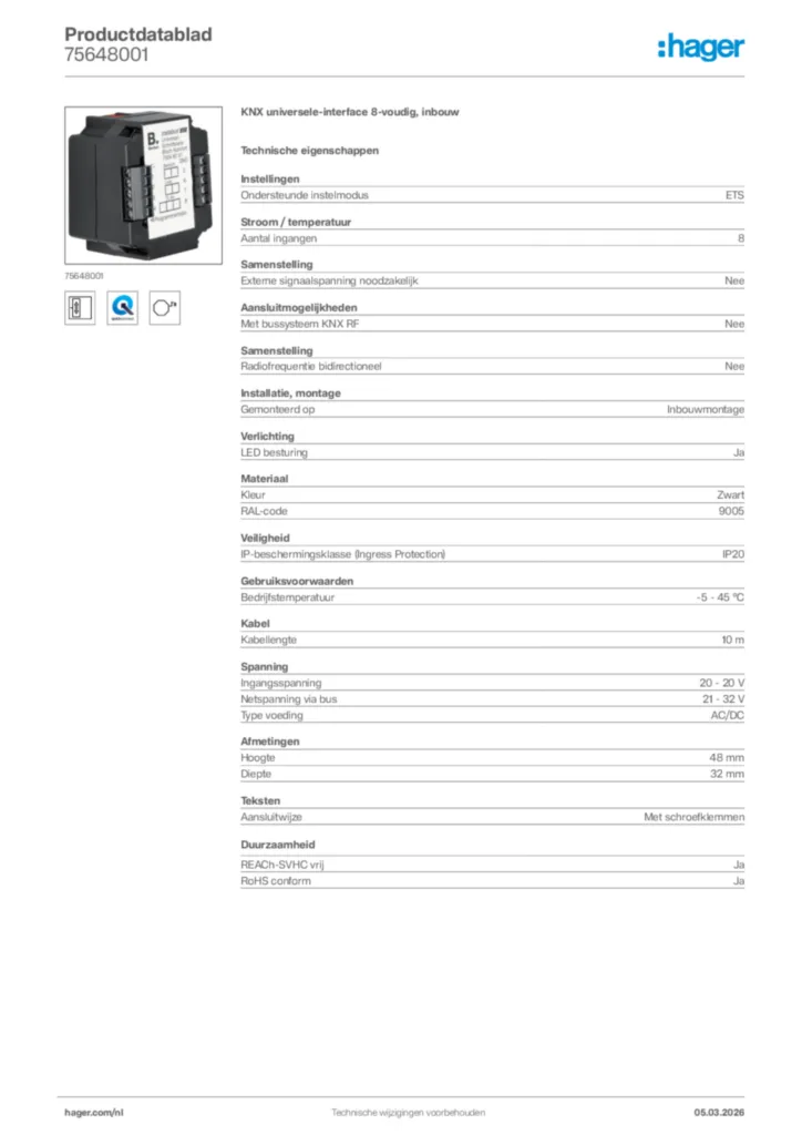 Afbeelding Hager Productdatablad 75648001 | Hager Nederland