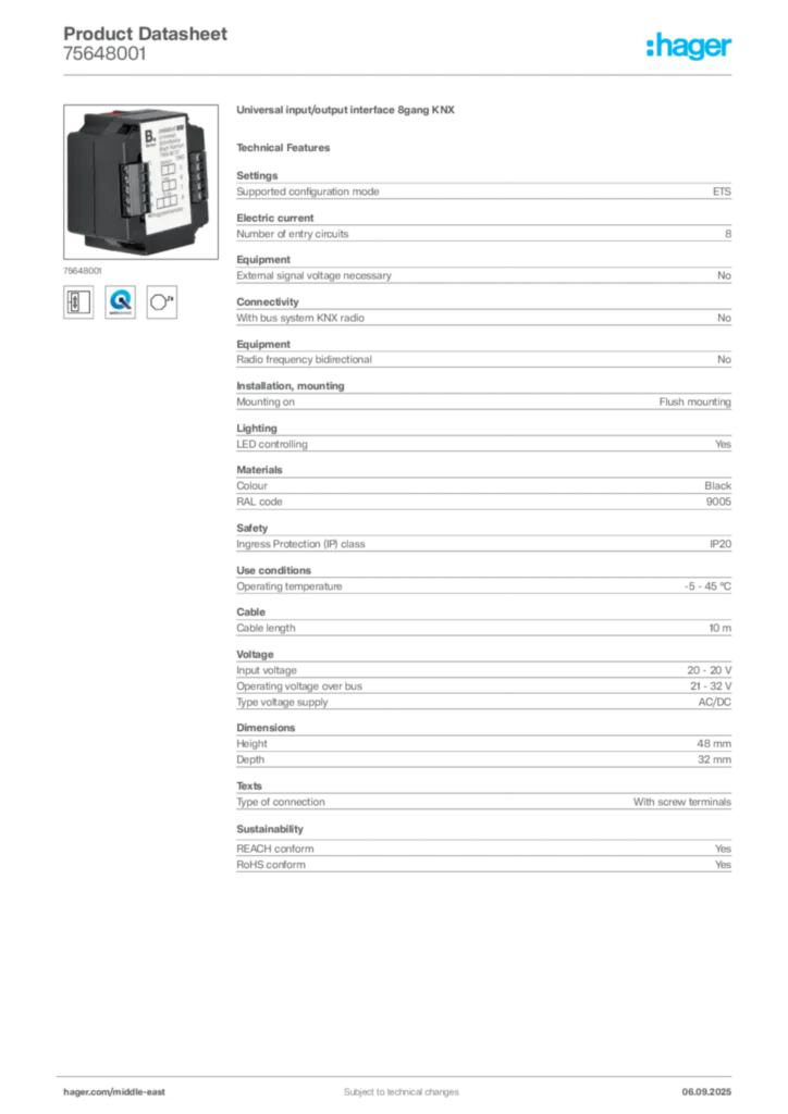 Image Hager Product data sheet 75648001  | Hager