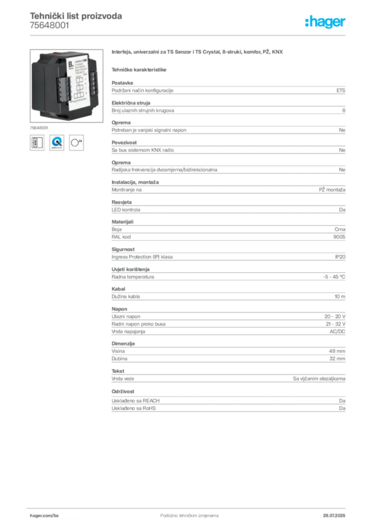 Slika Hager Product data sheet 75648001  | Hager
