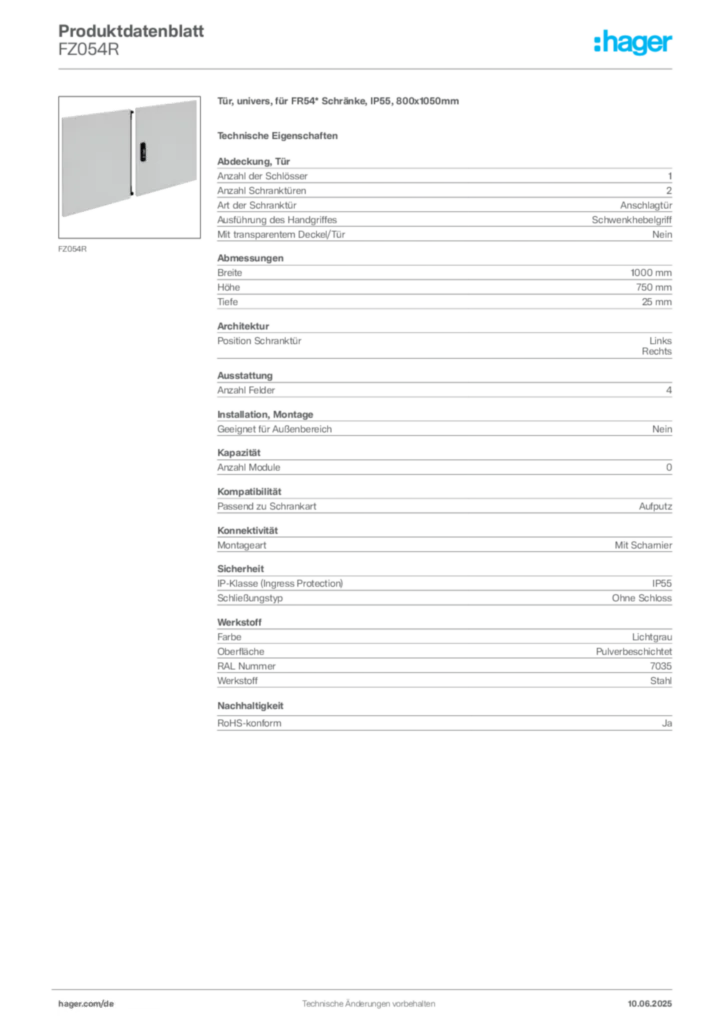 Bild Hager Produktdatenblatt FZ054R | Hager Deutschland