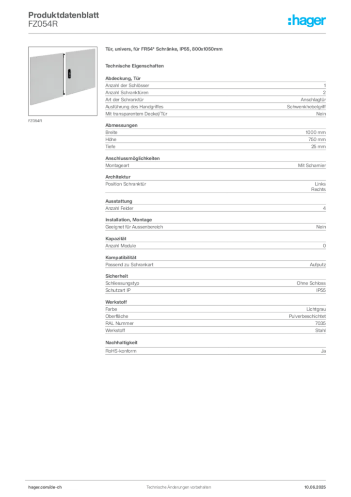 Bild Hager Produktdatenblatt FZ054R | Hager Schweiz