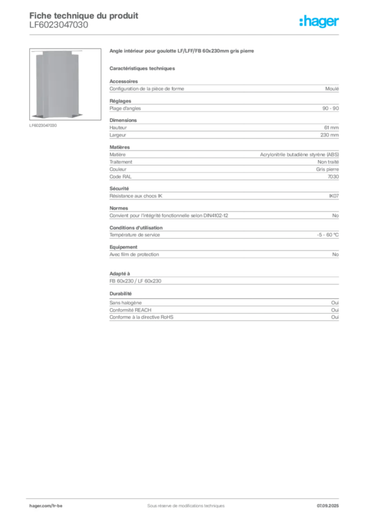 Image Hager Fiche technique du produit LF6023047030 | Hager Belgique