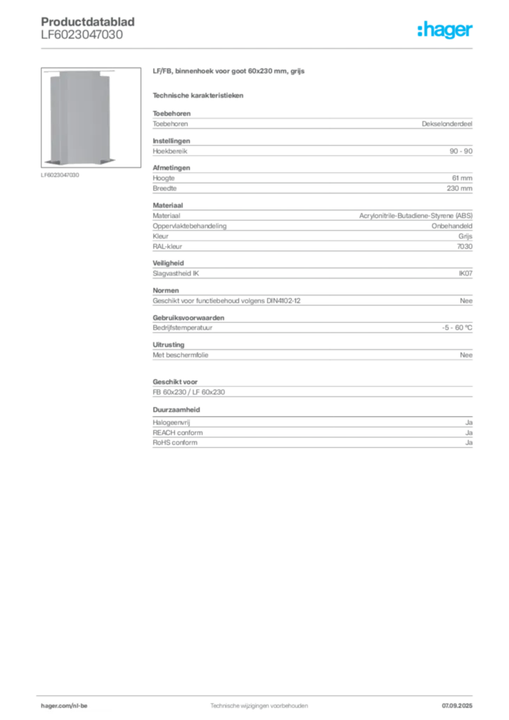 Afbeelding Hager Productdatablad LF6023047030 | Hager Belgium