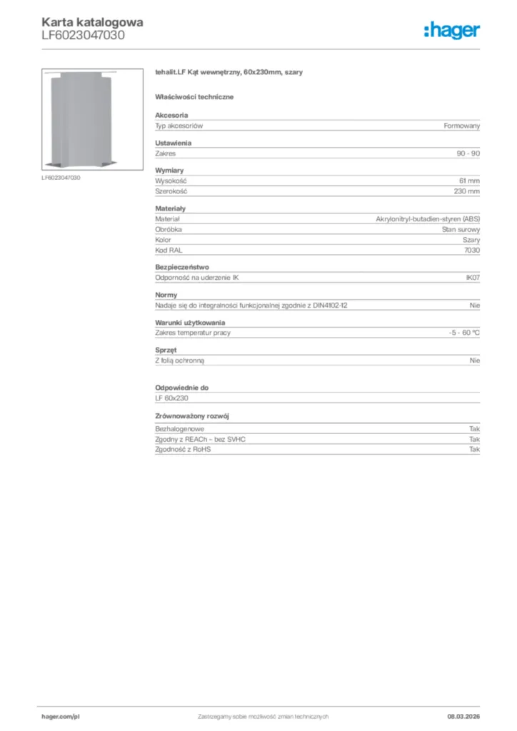 Zdjęcie Hager Karta katalogowa LF6023047030 | Hager Polska