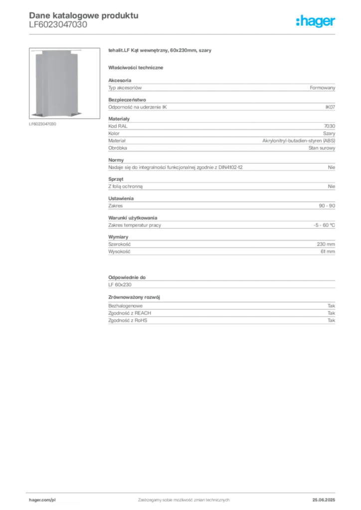 Zdjęcie Hager Karta katalogowa LF6023047030 | Hager Polska