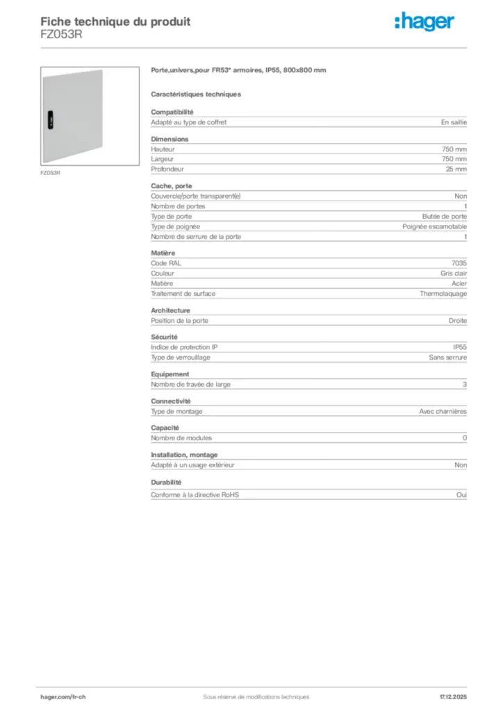 Image Hager Fiche technique du produit FZ053R | Hager Suisse