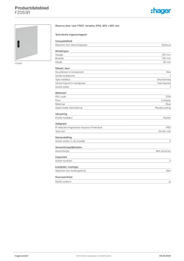Afbeelding Hager Productdatablad FZ053R | Hager Nederland