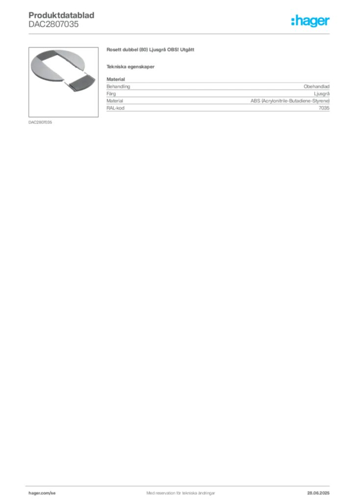 Bild Hager Produktdatablad DAC2807035 | Hager Sverige