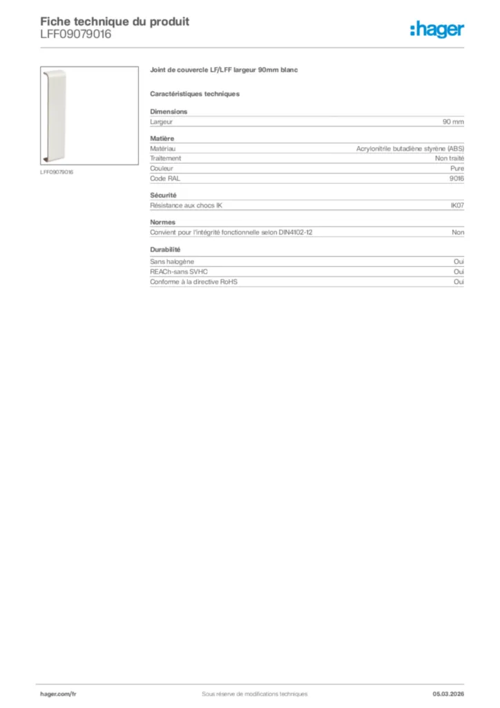 Image Hager Fiche technique du produit LFF09079016 | Hager France