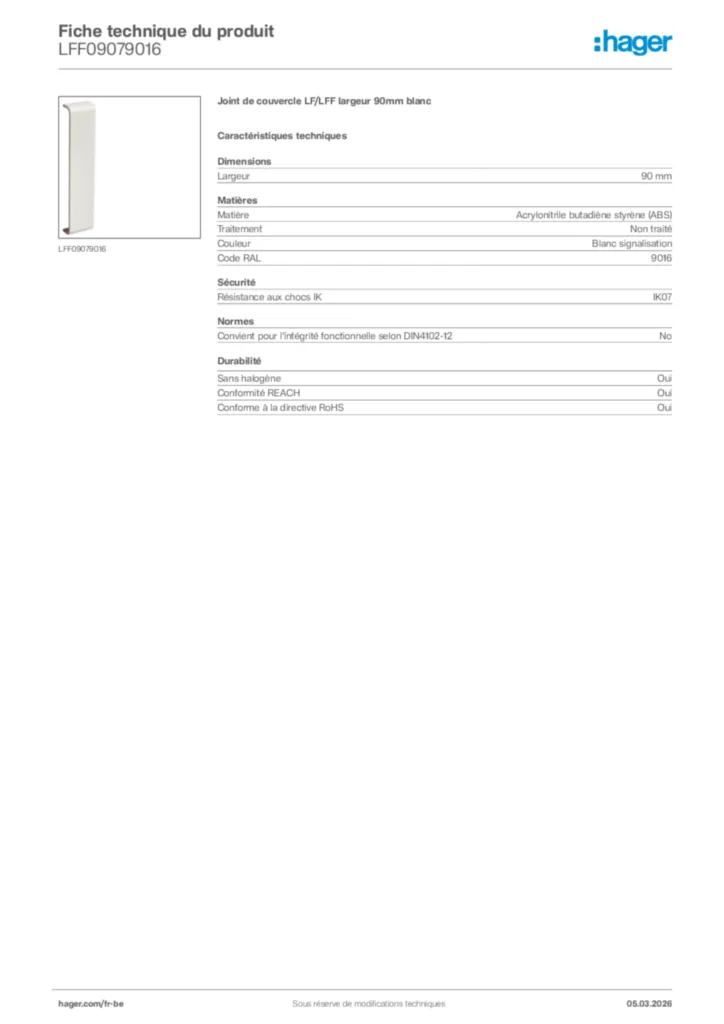 Image Hager Fiche technique du produit LFF09079016 | Hager Belgique