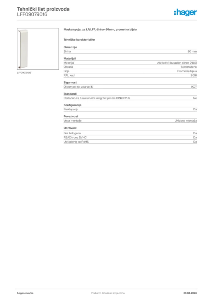 Slika Hager Tehnički list proizvoda LFF09079016  | Hager