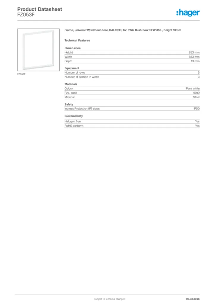 Image Hager Product data sheet FZ053F  | Hager Africa