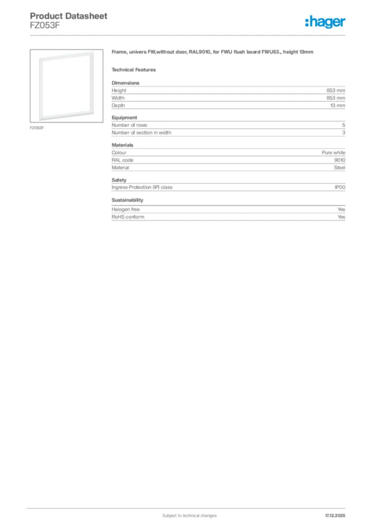 Image Hager Product data sheet FZ053F  | Hager Africa