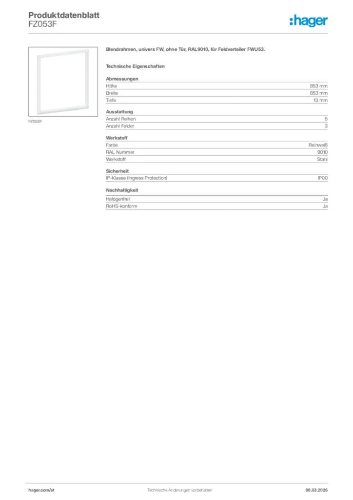 Bild Hager Produktdatenblatt FZ053F | Hager Deutschland