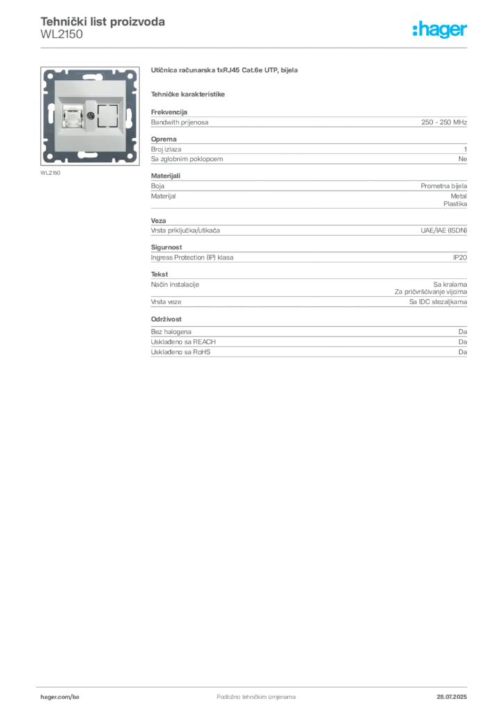 Slika Hager Product data sheet WL2150  | Hager