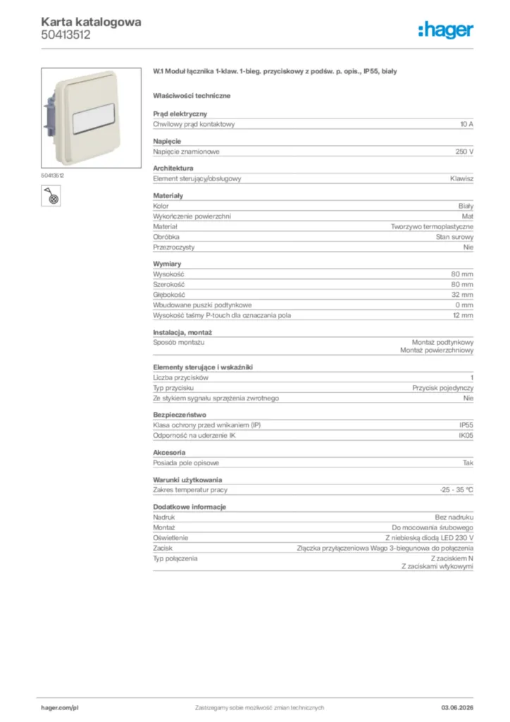 Zdjęcie Hager Karta katalogowa 50413512 | Hager Polska