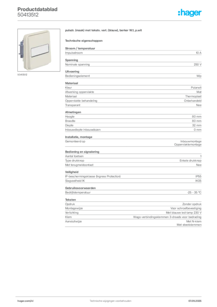 Afbeelding Hager Productdatablad 50413512 | Hager Nederland