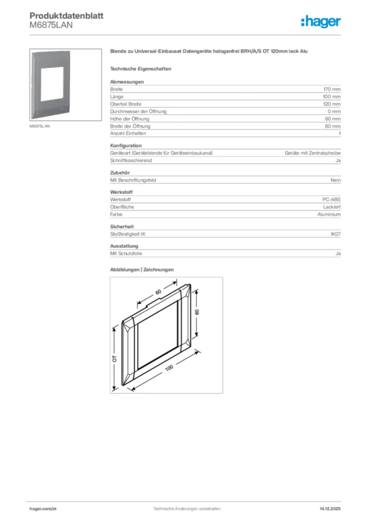 Bild Hager Produktdatenblatt M6875LAN | Hager Deutschland