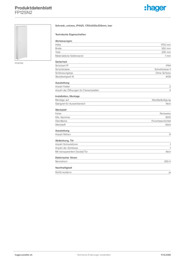 Bild Hager Produktdatenblatt FP12SN2 | Hager Schweiz