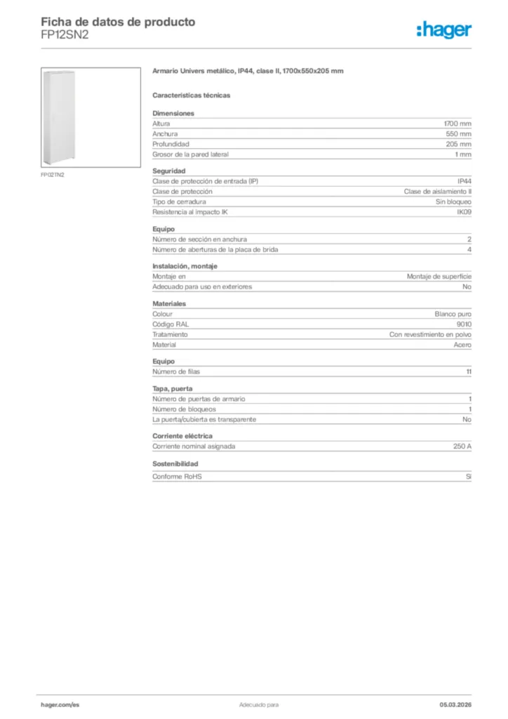Imagen Hager Ficha de datos de producto FP12SN2 | Hager España
