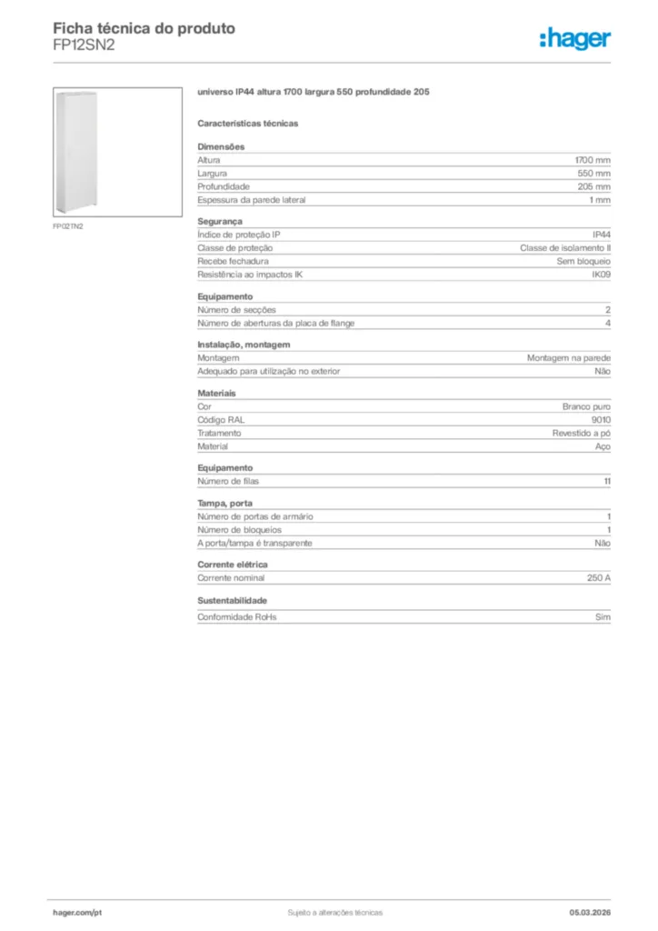 Imagem Hager Ficha técnica do produto FP12SN2 | Hager Portugal