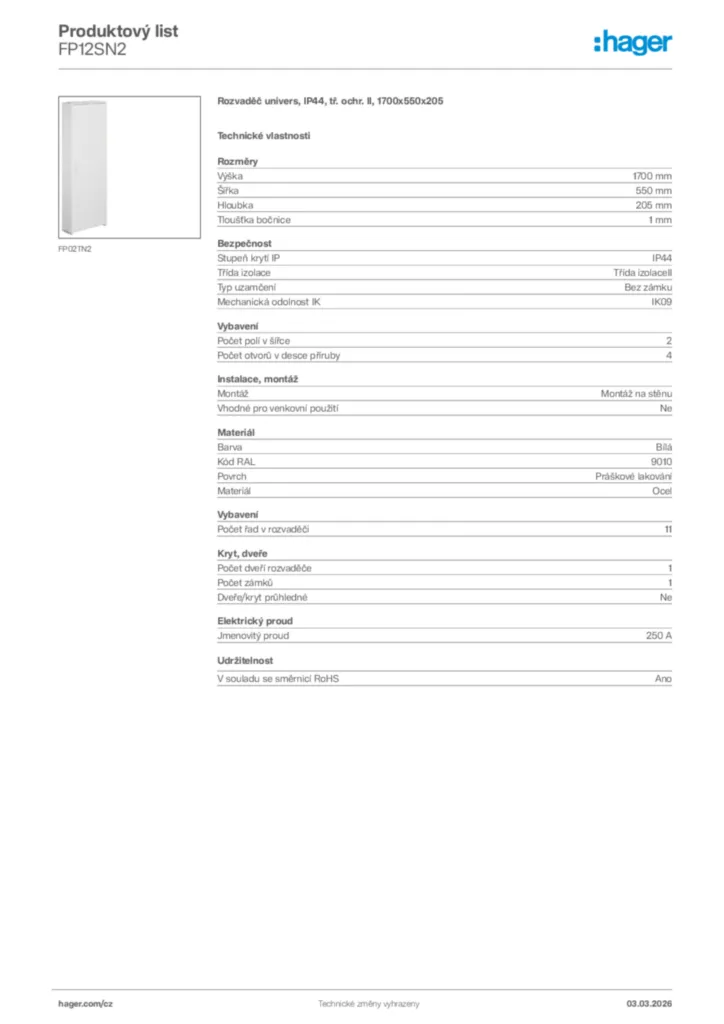 Obrázek Hager Product data sheet FP12SN2 | Hager