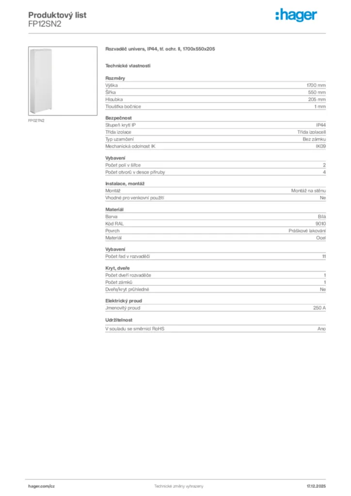 Obrázek Hager Produktový list FP12SN2 | Hager