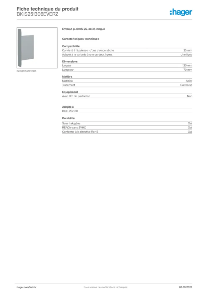 Image Hager Fiche technique du produit BKIS251306EVERZ | Hager Afrique