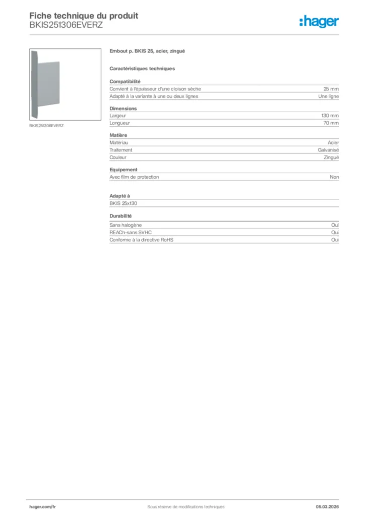 Image Hager Fiche technique du produit BKIS251306EVERZ | Hager France