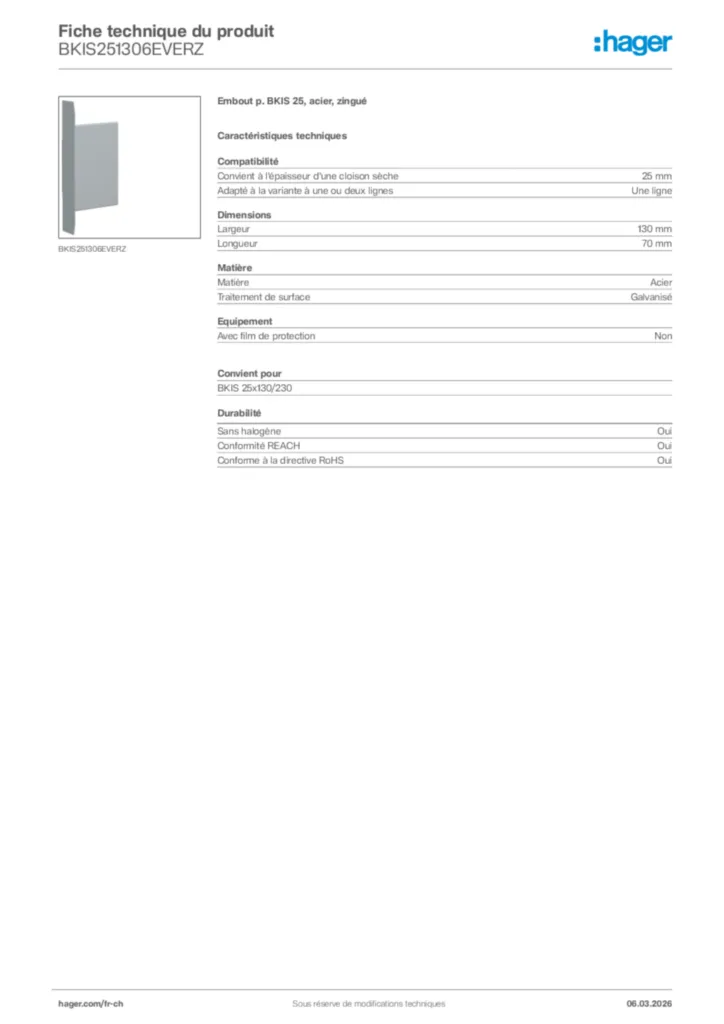 Image Hager Fiche technique du produit BKIS251306EVERZ | Hager Suisse