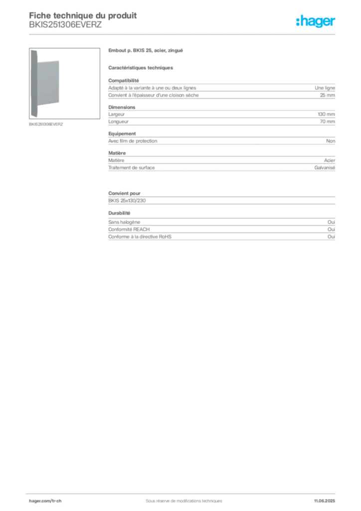 Image Hager Fiche technique du produit BKIS251306EVERZ | Hager Suisse