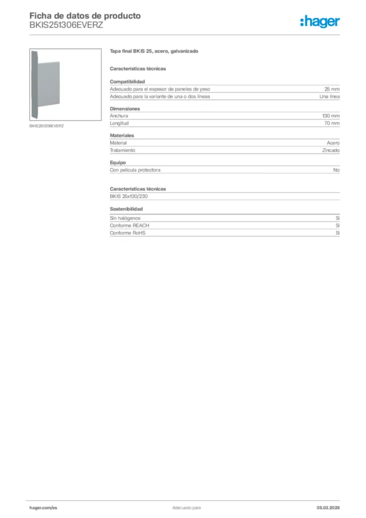Imagen Hager Ficha de datos de producto BKIS251306EVERZ | Hager España