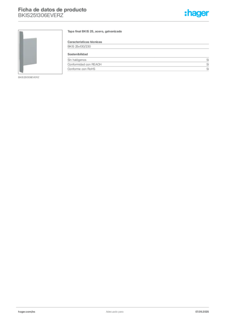Imagen Hager Ficha de datos de producto BKIS251306EVERZ | Hager España