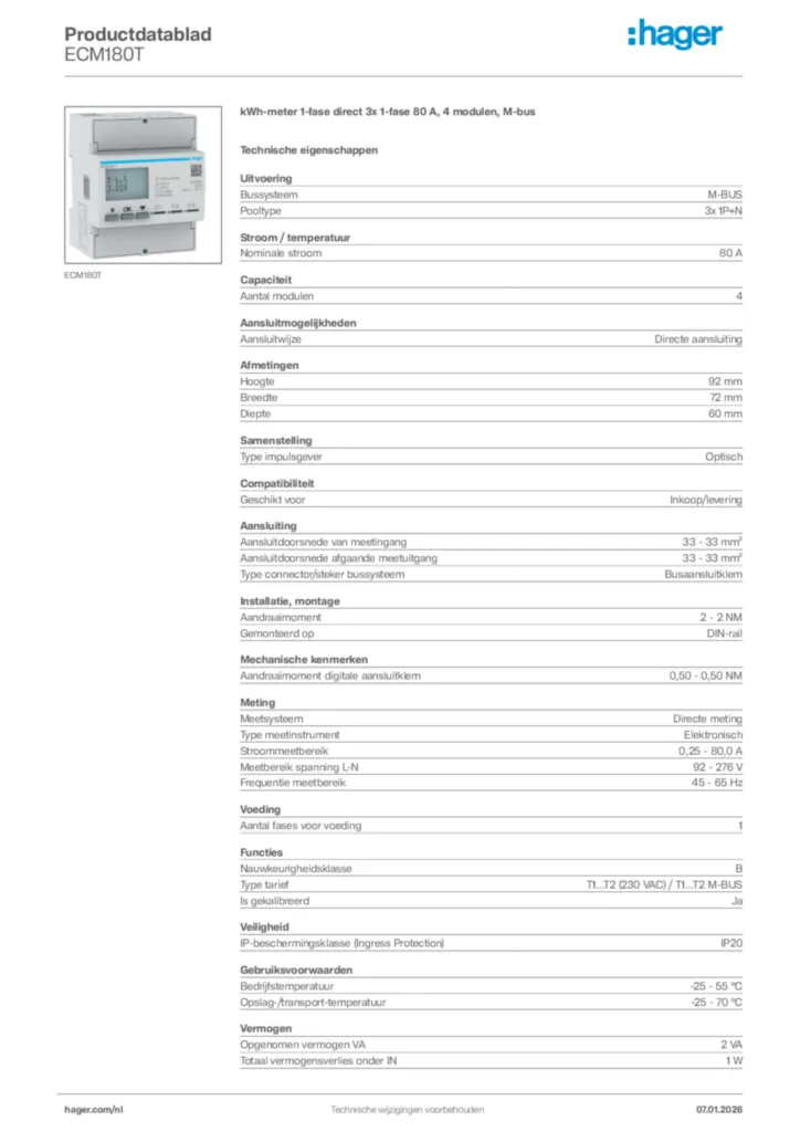 Afbeelding Hager Productdatablad ECM180T | Hager Nederland