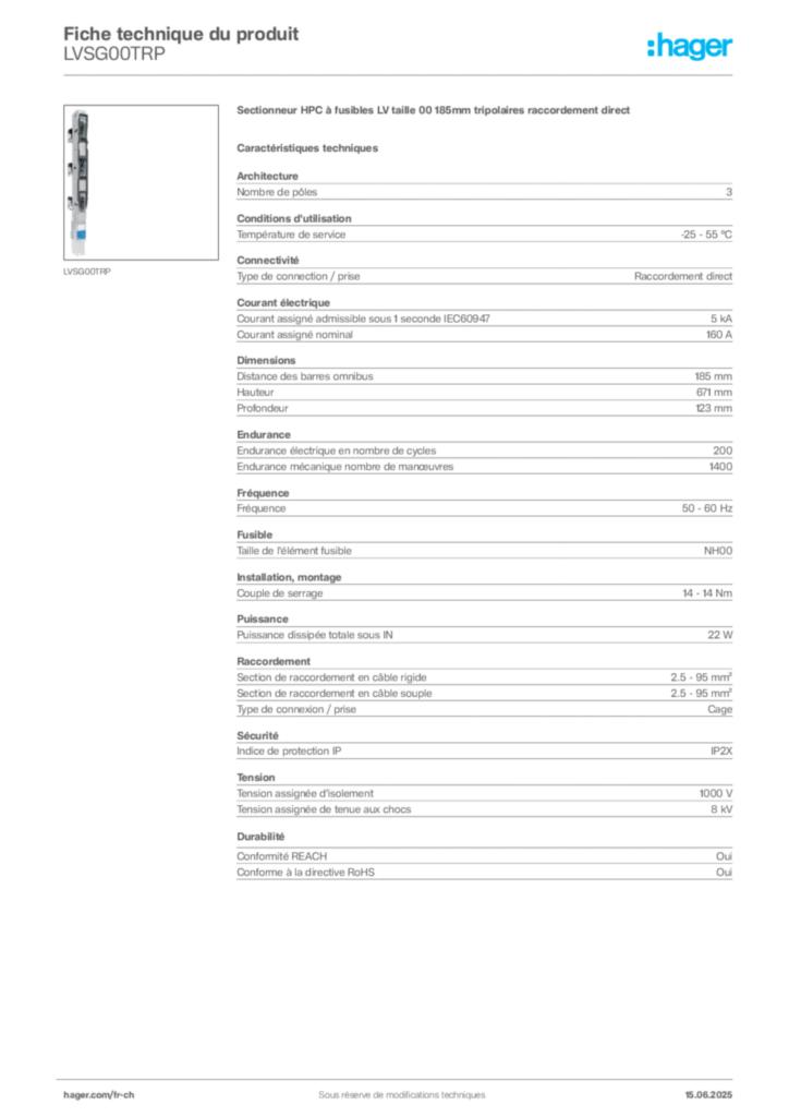 Image Hager Fiche technique du produit LVSG00TRP | Hager Suisse